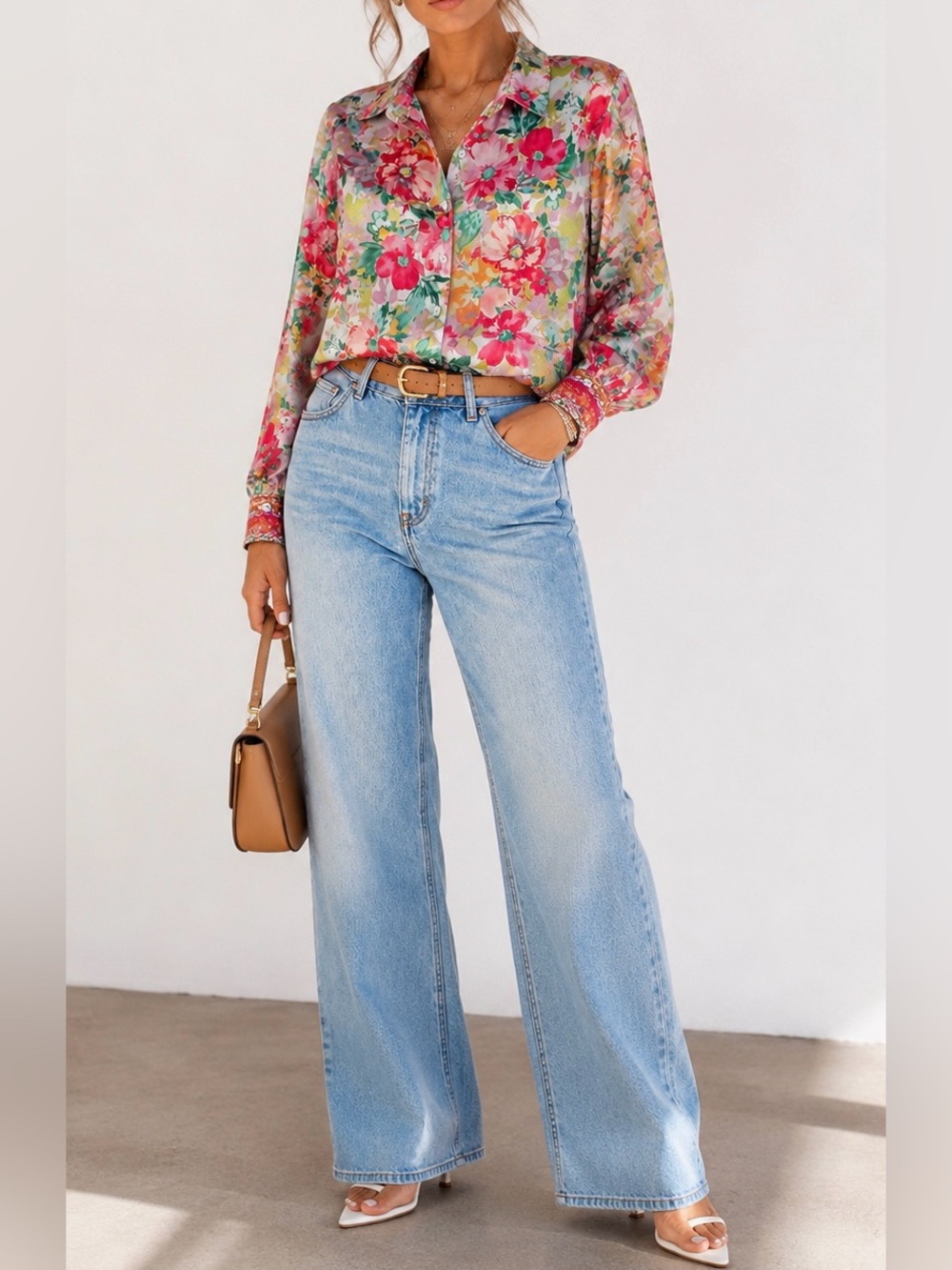 Current Air Floral Satin Button-Up Blouse in Vibrant Pink and Green Size XS